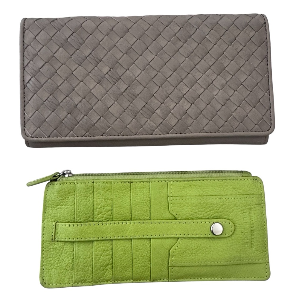 Taupe Woven Leather Wallet + Lime Card Holder Set | Genuine Leather | Soprano